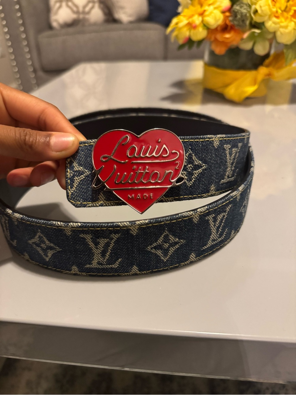 Louis Vuitton Blue Denim Monogram Belt with Red Heart Buckle